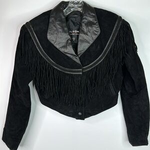 Vintage Wilsons Black Suede Fringe Cowgirl Western Cropped  Leather Jacket XS
